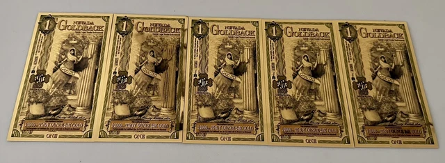 Lot Of 5 - 1 Nevada Goldback Gold Foil Note 1/1000 oz 24KT 999 Gold 2023