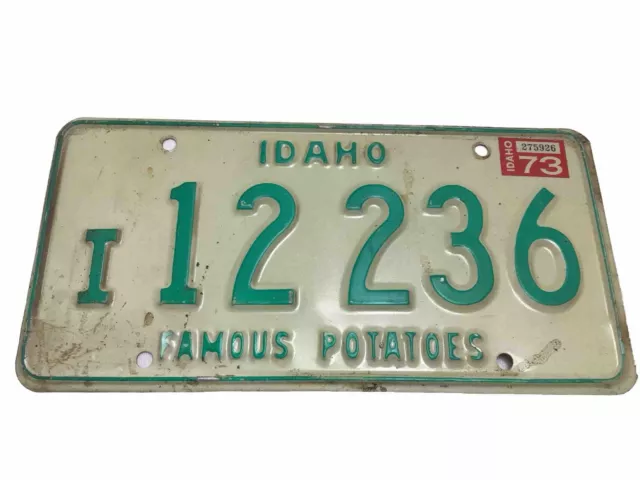 Idaho 1973  license plate   #  I 12 236 Famous Potatoes Idaho County