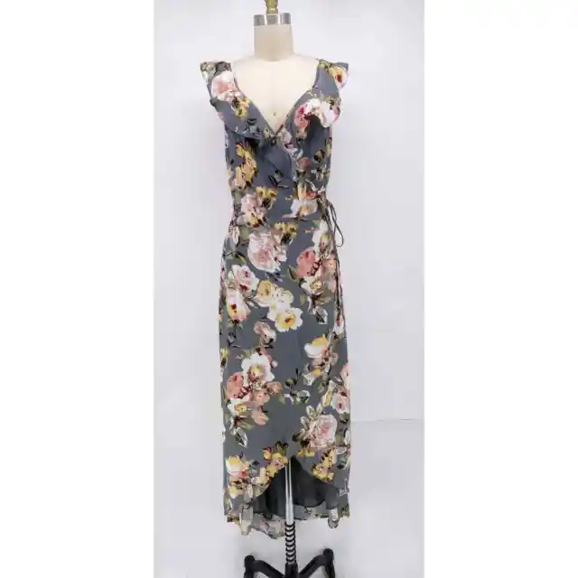 Privacy Please Dress Small Fillmore Backless Gray Pink Floral Maxi Ruffle New