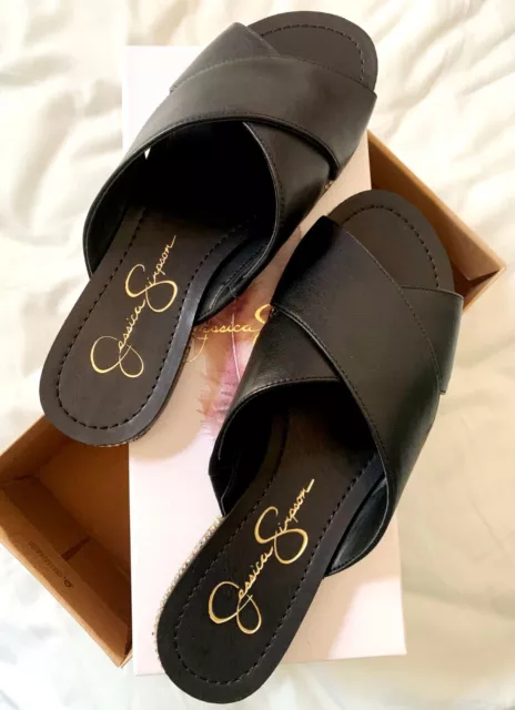 JESSICA SIMPSON BRINELLA Leather Black Crossband Slide Sandals Women Sz ...