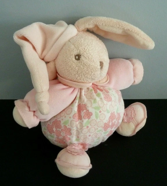 E2- DOUDOU BOULE KALOO LAPIN ROSE VERT BLANC FLEUR BONNET GRELOT 18cms - TTBE