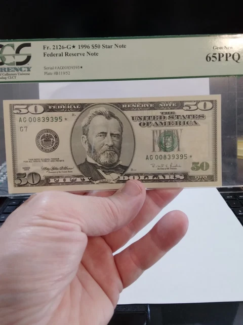 $50 Bill 1996 Low Serial Numbers Star Note 00839395  Graded PCGS 65 PPQ