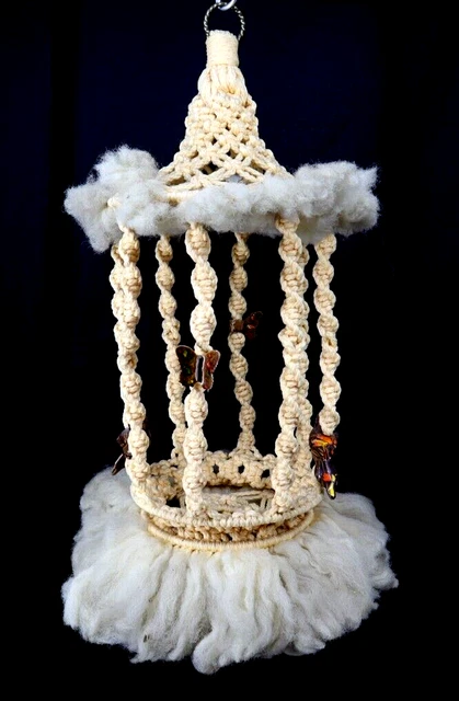 Vintage MCM Macrame Plant Hanger Bird Cage W/ Birds & Butterfly Ceramic Beads