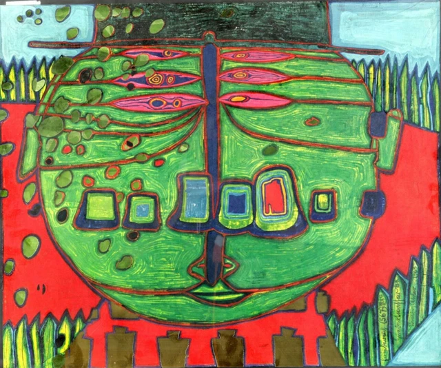 FRIEDENSREICH HUNDERTWASSER DREIÄUGIGER grüner Buddha mit Hut ...
