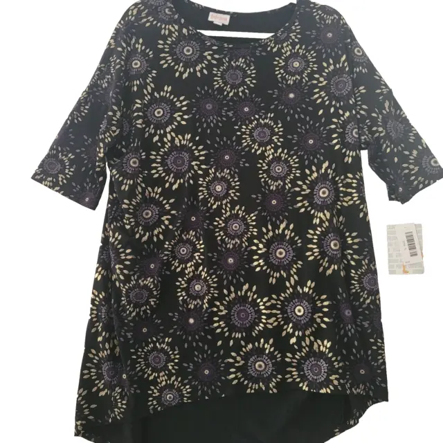 LulaRoe Irma Womens Tshirt Black Large Floral Short Sleeve Round Neck Pullover