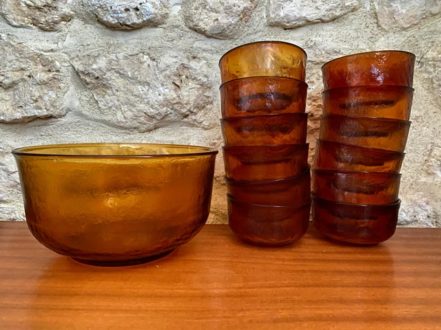 Saladier + 8 Coupelles En Verre Trempé Ambre Vereco Vintage 355112 Imgx2000 1023