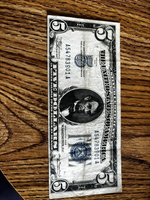 1934 Five Dollar Silver Certificate $5 Bill Blue Seal Note Hand Picked Vg/Fine