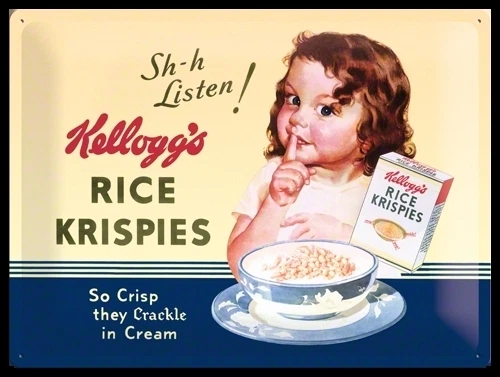 PLAQUE EN METAL EMAILLEE NEUVE 30 X 40 cm : VINTAGE KELLOGG'S RICE KRISPIES