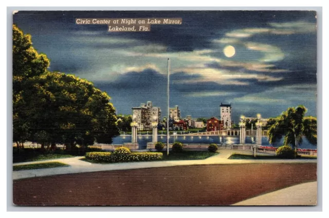 Lakeland FL Florida Civic Center at Night View on Lake Mirror  Linen Postcard