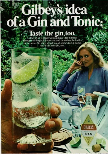 1981 Vintage Print Ad Gilbey's idea of a Gin and Tonic Lime Woman Sit Outside