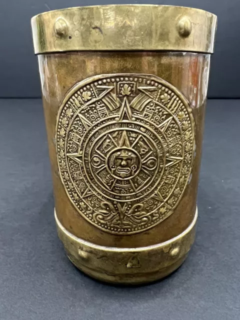 Vintage Handmade Copper Brass Mug Cup Mexican Aztec Mayan Calendar