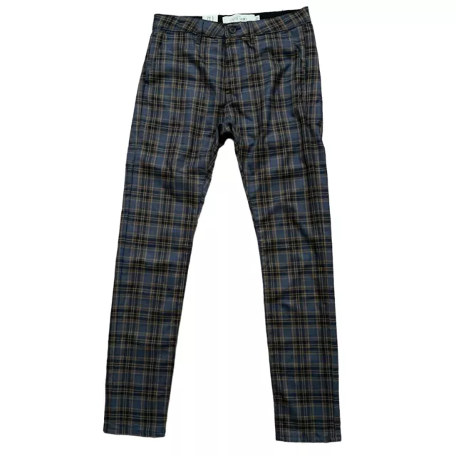 Topman Dress Pants Mens 32x32 Stretch Skinny Button Fly Plaid Blue Brown NWT