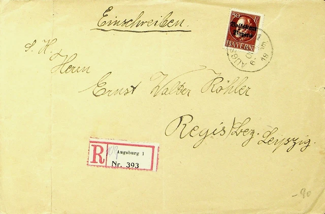 Sephil Deutschland Bayern 1919 Post WWI 50pf Ovpt Auf Augsburg Regd Abdeckung Zu