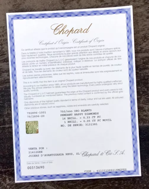 CHOPARD Herkunftszertifikat Anhänger HAPPY DIAMONDS Weißgold 18k 750 OEM/