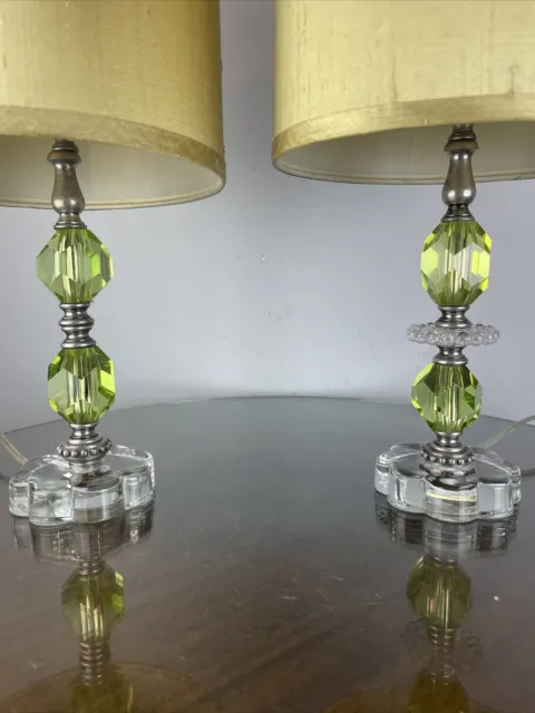 Glass Boudoir Lamp Pair with Shades Maura Daniel Los Angeles Green Faceted 20”