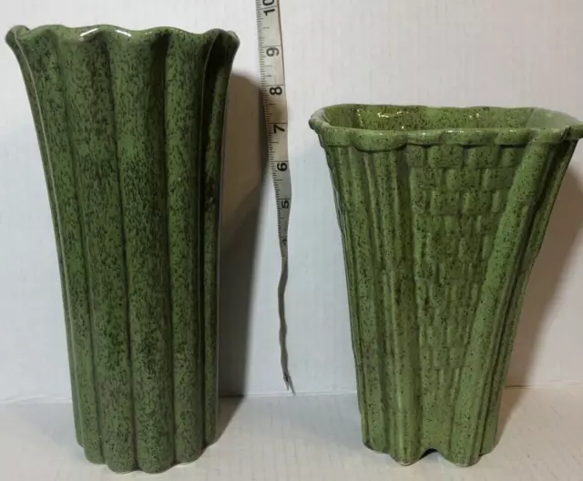 Vintage Pair of Pottery Vases Lot Of 2 Green Tall Glazed Ceramic MCM No dings