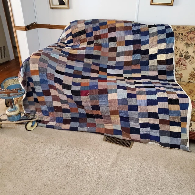 Vintage Patchwork Quilt Handsewn Fabric Damaged Areas Craft DIY Projects