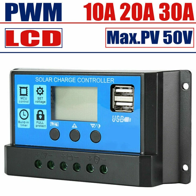 Produktbild von DEWIN Solar Laderegler 12V/24V 30A PWM – Mit Dual-USB 5V, Für Blei, Lithium Und LiFePO4, LCD & Temperaturkompensation