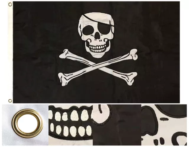 Pirate Jolly Roger Skull Crossbones 3x5 3'x5' EMBROIDERED Flag 2 Double Sided