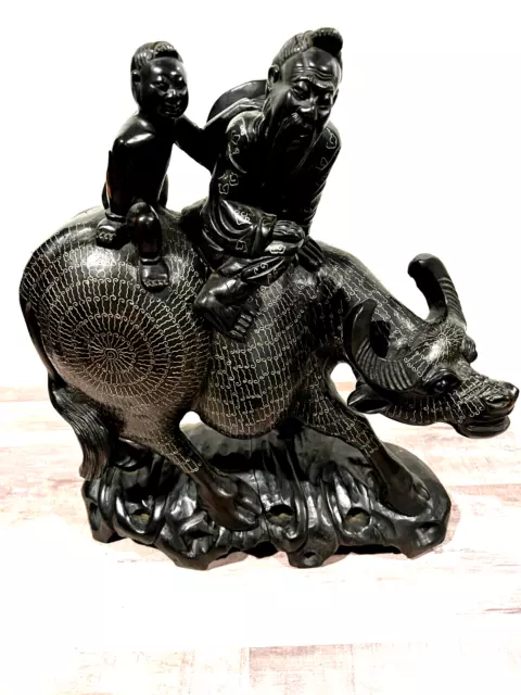 Antique Asian Wood Hand Carved Water Buffalo W/Silver Inlay HTF FREE Shipping