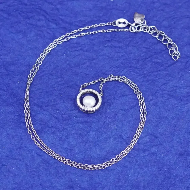16+2”, vintage Sterling silver necklace, 925 circle chain with pearl pendant cz