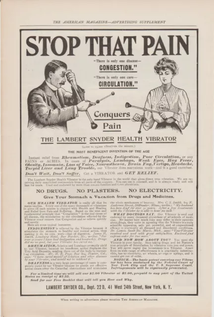 Antique Health Vibrator 1907 Print Ad Lambert Snyder Co. Quack Medicine Cures?