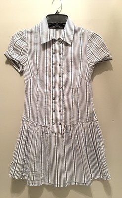 Zara Basic Striped Shirt Dress Buttons White Blue Short Sleeve Women Sz US Small