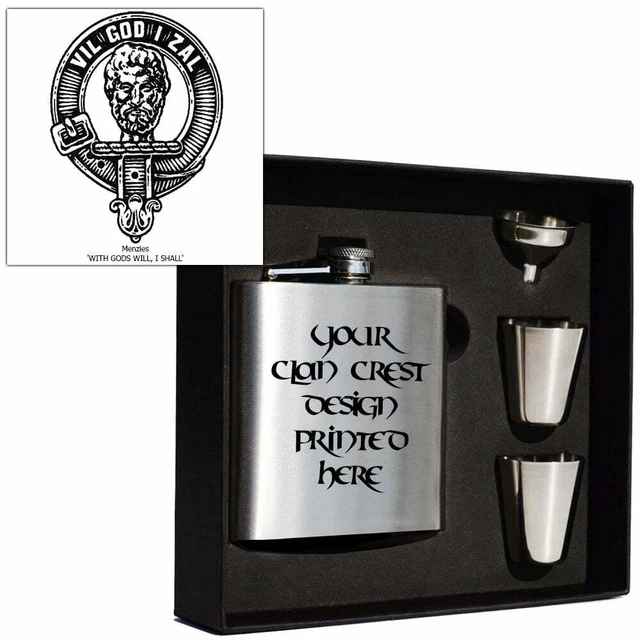 Art Pewter Menzies Clan Crest 6oz Hip Flask Box Set (s) HF6 S-C85 Scottish