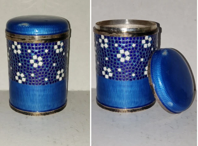Silver 99 Blue Enamel Round Asian Cigarette Holder Tabacco/Cigarette Canister