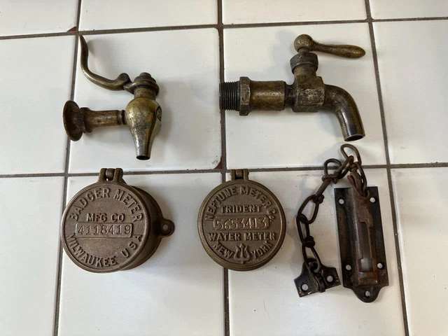 Vintage BRASS LOT BADGER & NEPTUNE Meter Covers WATER Spigots Chain Door Lock