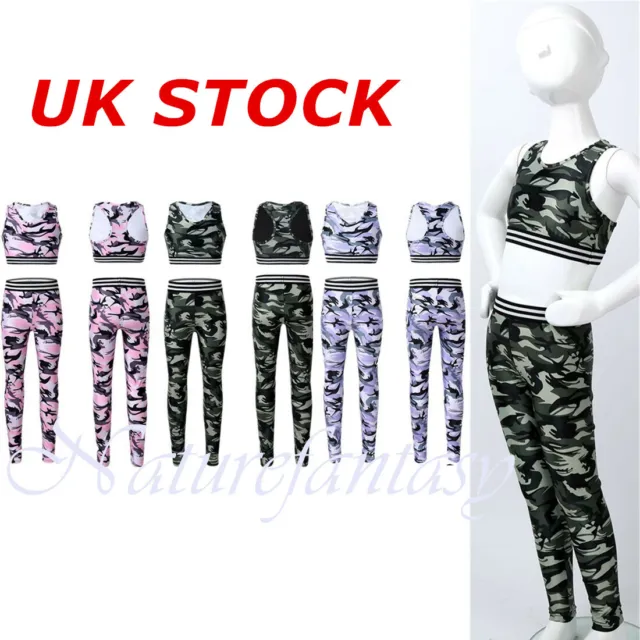 UK Kids Girls Tracksuit Camouflage Outfits Crop Top Leggings Gymnastics Costume