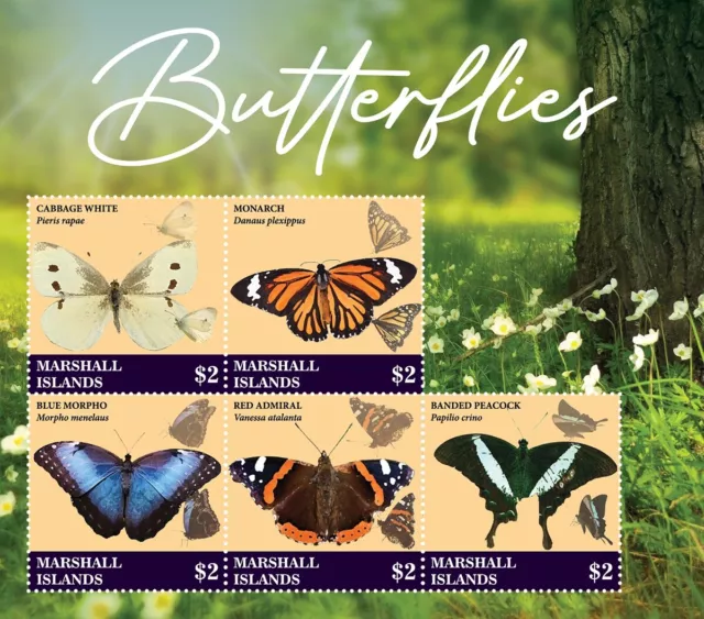 BUTTERFLIES Monarch/Red Admiral/Blue Insect Stamp Sheet #6 2022 Marshall Islands