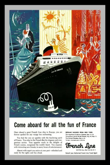 French Line Cruise Ship Vintage Travel Advert Retro Style Metal Sign, holiday