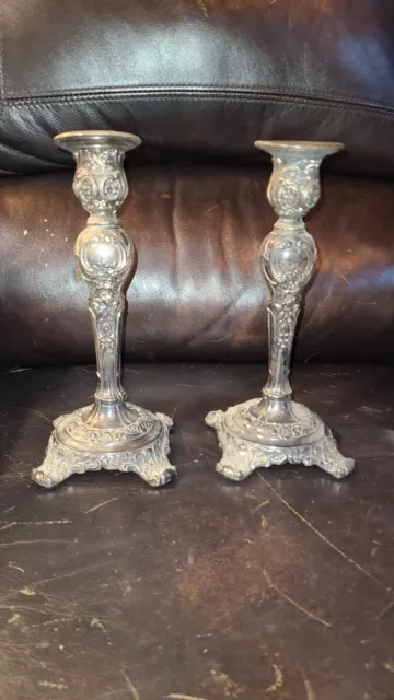 PAIR VINTAGE Wm Rogers & Son Pair Silverplate Candlesticks Victorian Rose 9"