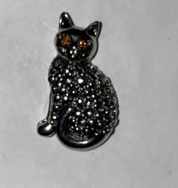 Marcasite Cat Brooch Pin Silver Tone  with Faux Amber Eyes Feline Kitty Avon 1”