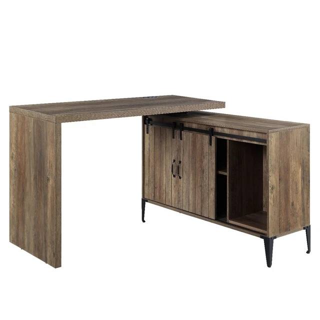 Swivel Writing Desk With Sliding Barn Door And Usb Port, Brown- Saltoro Sherpi