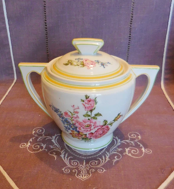 Ancien Sucrier Retro En Porcelaine - L F - Motif Floral - Made In Italie