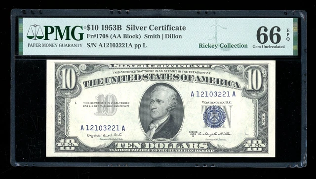 DBR 1953-B $10 Silver Gem Fr. 1708 PMG 66 EPQ Serial A12103221A