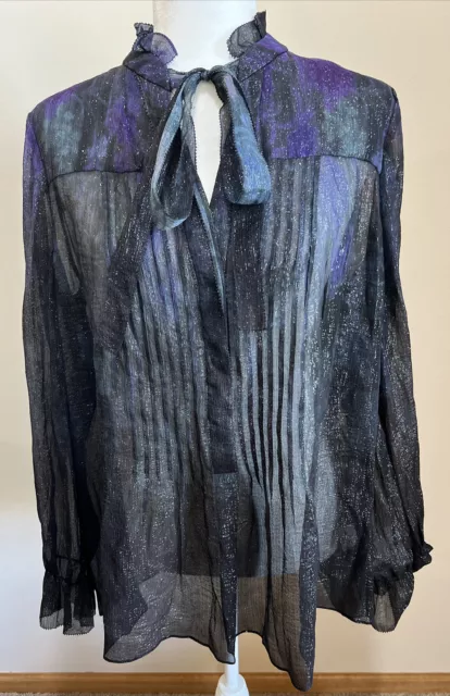 Elie Tahari Women’s Sheer Purple/Black Long Sleeve Everette Blouse Size XL $348