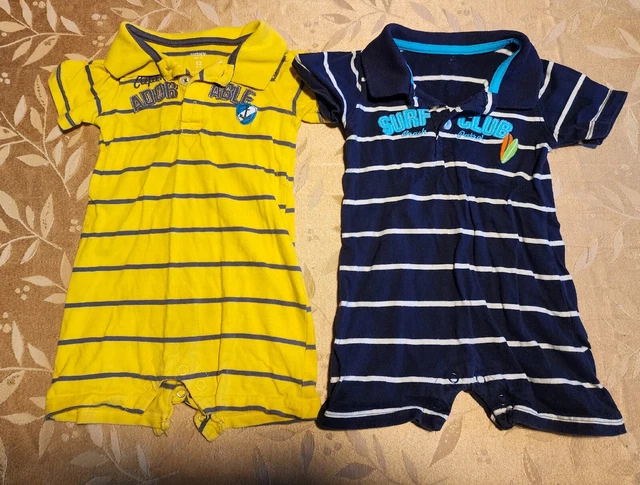 2x Carters Yellow Blue Striped One Piece Bodysuit Shorts Size 12 Months Baby