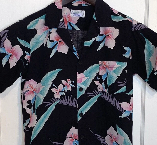 Vtg SURF LINE HAWAII Hawaiian Shirt 70-80's Floral COLORFUL Black MEN'S Sz S