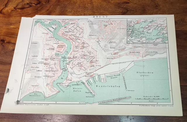 historische Stadtkarte/Stadtplan 1898 " Brest / Frankreich" original