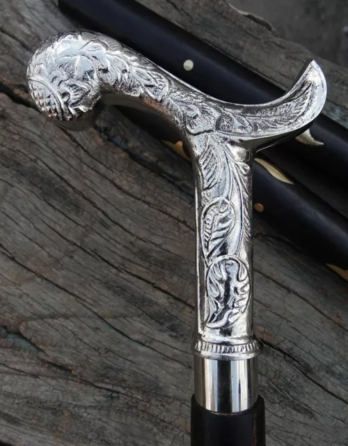 Silver Brass Engraved Derby Head Handle Vintage Style Walking Stick Wooden Cane