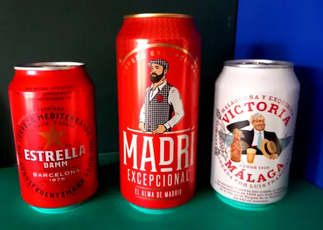 x 3 EMPTY 330/440ml SPAIN BEER CANS MADRI, ESTRELLA BARCELONA, VICTORIA MALAGA