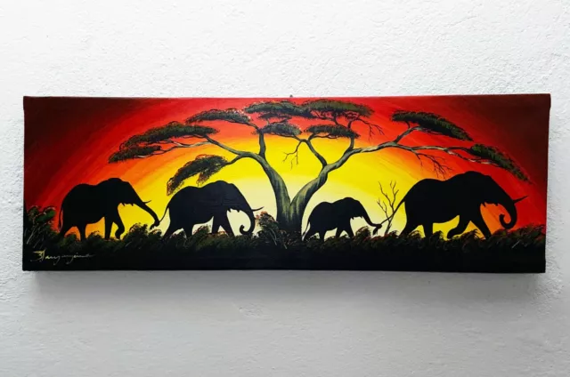 Elefanten Herde gerahmtes Wandbild auf Leinwand 50x33cm handgemalt aus Südafrika