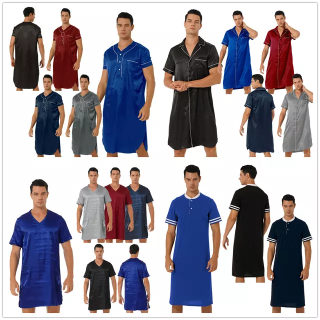 Men Satin SleepShirt Nightwear Short Sleeve Pajamas Sleepwear Comfy Loungewear