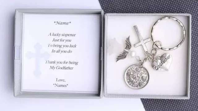 Personalised God Father Lucky Sixpence Novelty Keyring - Gift