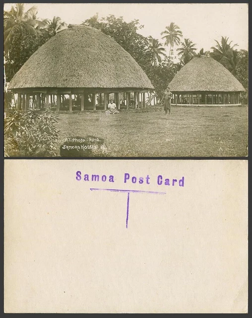 Samoa altes echtes Foto Postkarte einheimische samoanische Häuser Männer Palmen, AT Foto Apia