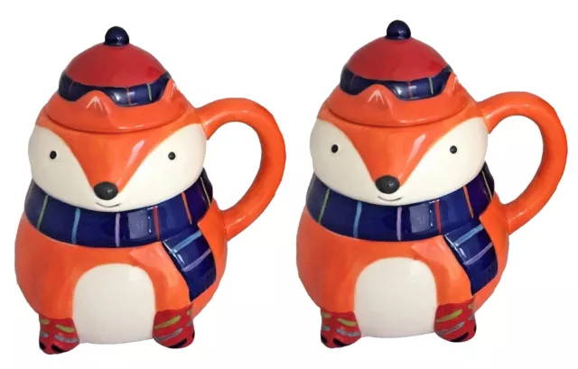 NEW Fox Wearing Scarf Orange Ceramic Coffee Mug w/ Lid Set of 2 Hand Painted