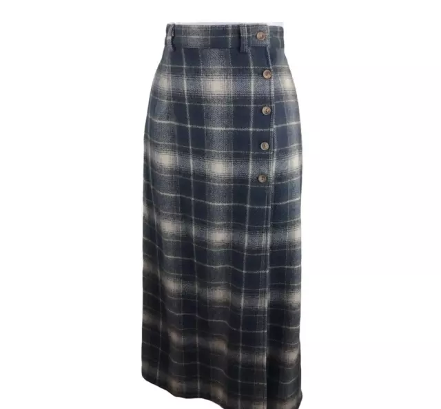 VTG Woolrich Women Skirt Wrap 8 Tartan Plaid Wool Midi Gray Blue Lined Pockets